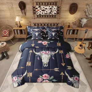 Bull Skull 7 Piece Bedding Set,Boho Comforter Set with Sheets Arrows Pink Rose Feather Aztec Bed in a Bag Mysterious Tribal Style Colorful for Teens Men Women