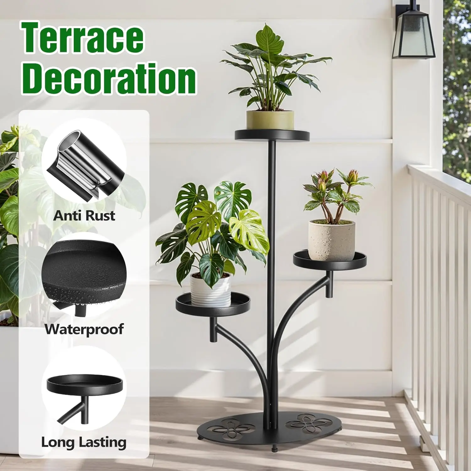 3 Tier Metal Plant Stand Indoor Outdoor, Tall Black Plant Shelf, Heavy-duty Base in the Shape of a Four-leaf Clover, Tiered Modern Corner Shelf, Suitable for Courtyard, Patio, Living Room, Bedroom decor