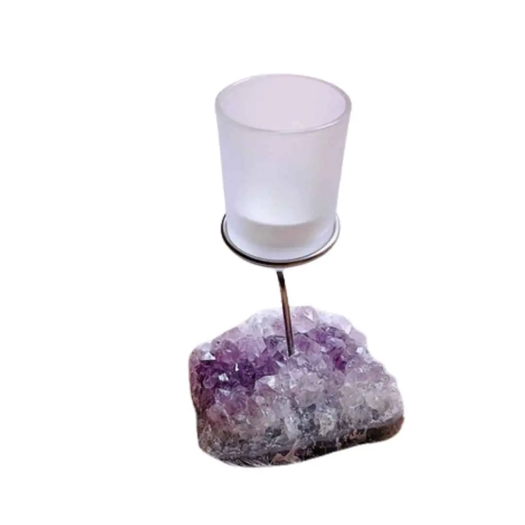 Amethyst Cluster Tea Light Candle Holder - Decorative Unique Crystal Stand for Home Room Decor & Stress Relief Accent Piece