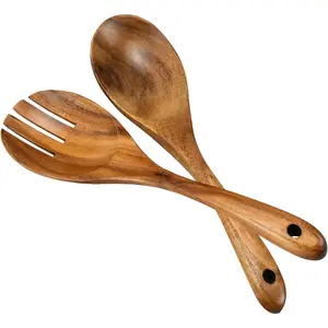 10.2in Wood Long Handle Salad Server Set with Salad Spoon and Fork Tongs for Mixing Tossing and Cooking