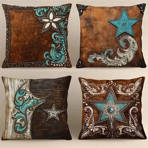 4PC, 2D flat printing, single-sided printing, multiple sizes. Leather Look Throw Pillow Covers with Star & Scroll Design Made of polyester fiber, machine washable. Suitable for indoor and outdoor decoration (pillow insert not included, not embroidered).