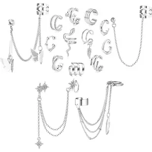 FINREZIO 15 Pcs Silvery Exquisite Ear Cuff Earrings for Women Men Non Piercing Earring Jewelry Set Diverse Alloy Copper Ear Cuffs Chain Earrings Snake Ear Cuff Fake Helix Cartilage Cuff Wrap Earring