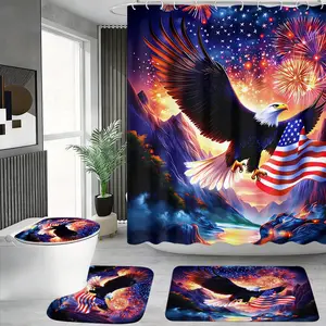 4pcs Patriotic-Themed Shower Curtain Set, American Flag & Bald Eagle, The floor mat fabric is thicker and softer! Fireworks & Mountain Sunset, Includes Bath Mat & Toilet Lid Cover