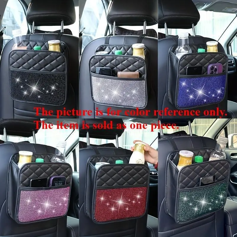 Shiny Car Seat Back Storage Bag - Car Interior Accessory, A shiny storage box for use in the car, featuring multiple compartments to hold water bottles, snacks and accessories. Black design with shiny decorations.