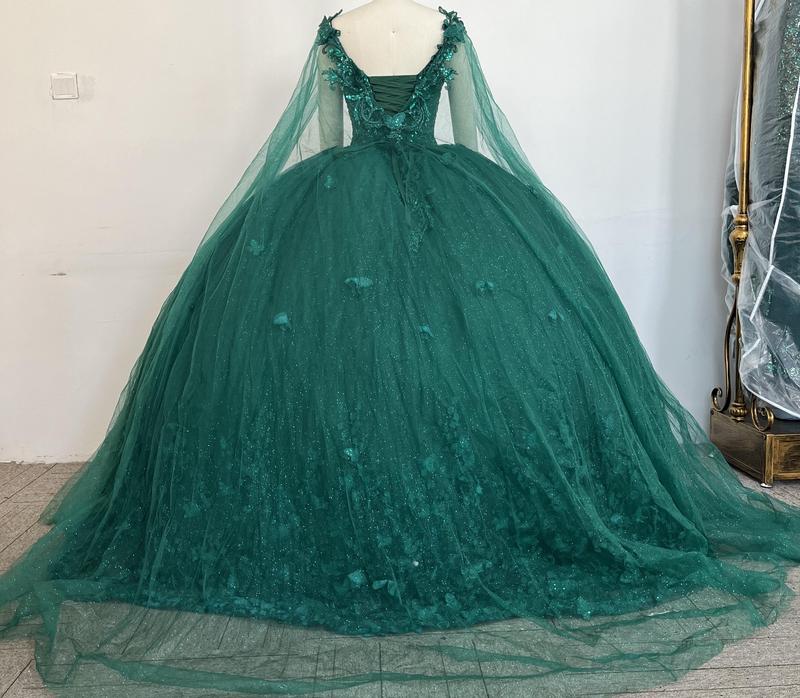 NO.41 Flowers and Metallic Lace Sparkle Tulle Quinceañera Dress With a cape bodycon party plain mature blue dress quince sequin dress Formal Womenswear party maxi