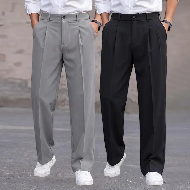 Men’s wrinkle-resistant straight-leg suit trousers with a fluid drape, made from skin-friendly, breathable fabric; loose straight fit for commuting and casual wear, versatile for two styles—business casual and straight-leg drapes—and no-iron.