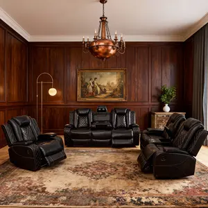 Modern Black Breathable Leather 3-Piece Recliner Sofa Set  with Push Back Mechanism & Cup Holders for Living Room Home Theater Comfortable Seating Solutions - Upholstered Sectional boneless sectional couch furniture living room