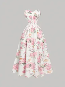 Elegant Floral Print A-Line Dress, Boho Style Summer Skirt, Women's Party Gown, Romantic Fashion for Ladies, Ytd Collection, Bohemian, Womenswear