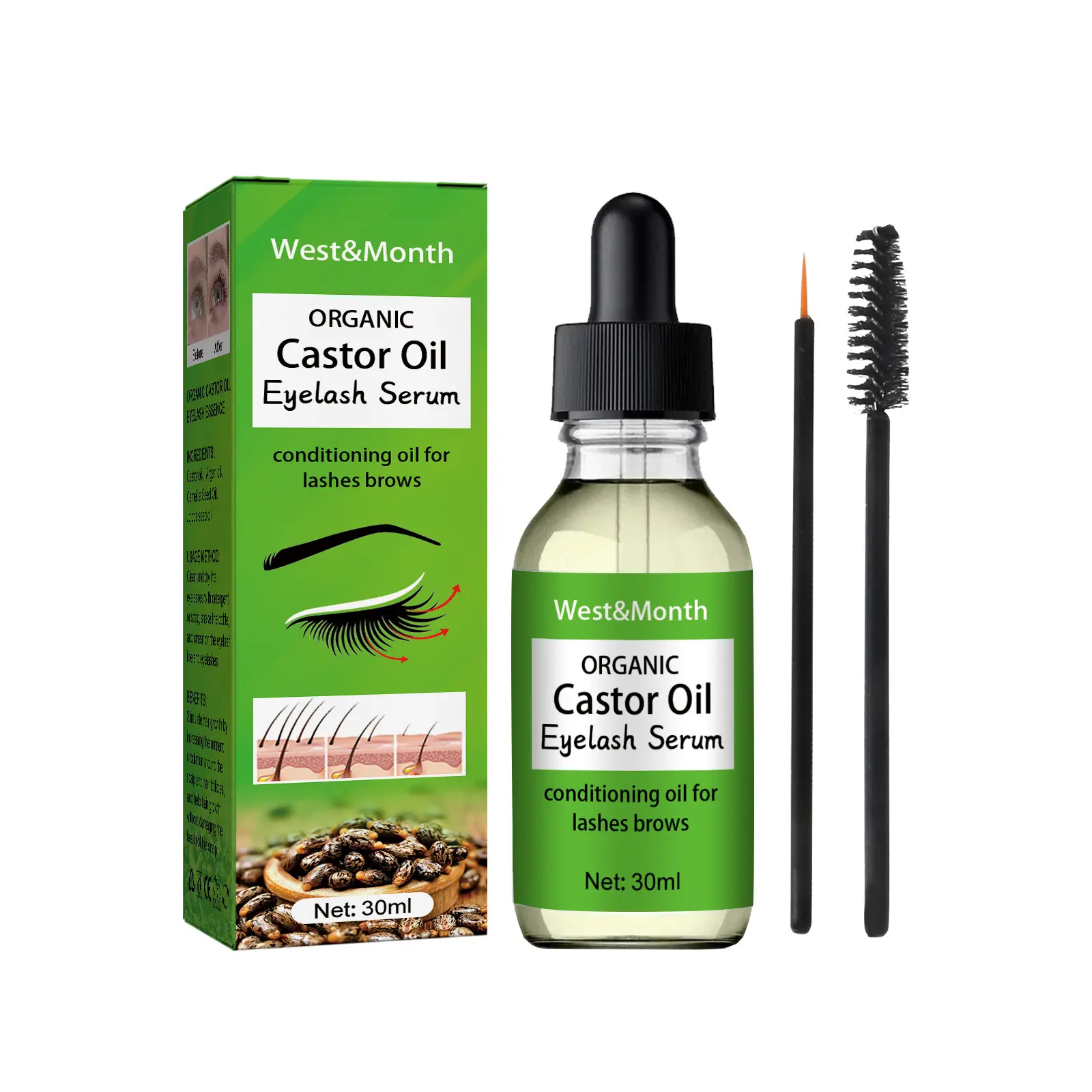 West&Month Castor Oil Mascara, Mild And Easy Makeup Natural Curling Black Beautiful Non-Trace Essential Oil