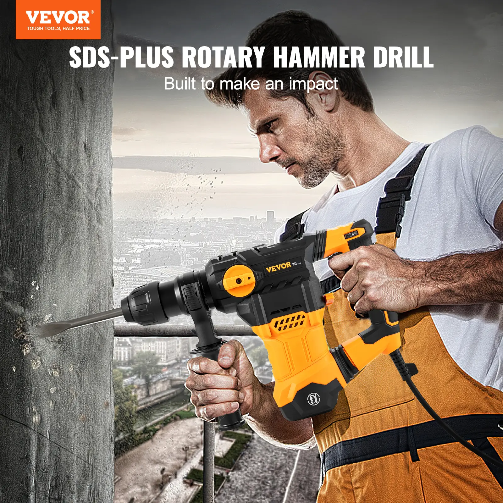 【summerfinds】VEVOR 1-1/4 Inch SDS-Plus Rotary Hammer Drill, 13 Amp Corded Drills, Heavy Duty Chipping Hammers with Vibration Control & Safety Clutch, Electric Demolition Hammers Variable Speed, Power Tool For Conc