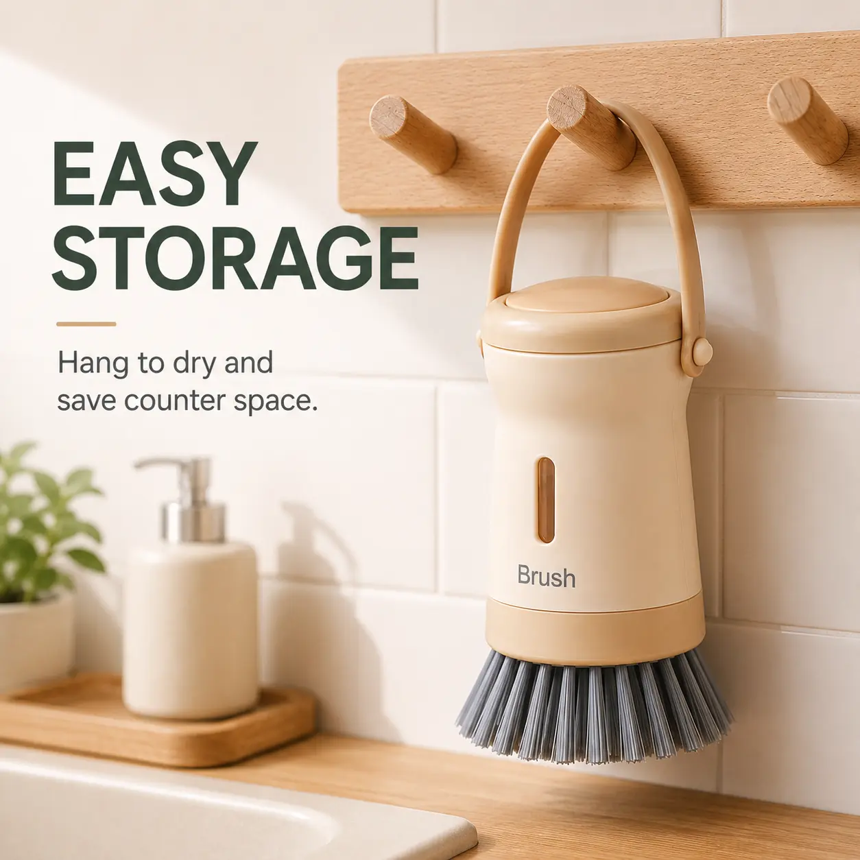 Premium ABS Plastic Kitchen Soap Dispensing Brush - Refillable, Stiff Bristles, Multi-Surface Scrubber with Hanging Handle for Cookware, Sink Cleaning