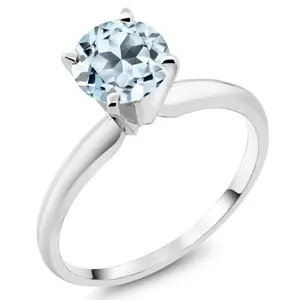 Gem Stone King 14K White Gold Sky Blue Topaz Solitaire Engagement 4-Prong Ring For Women | 1.00 Cttw | Round 6MM | Gemstone November Birthstone