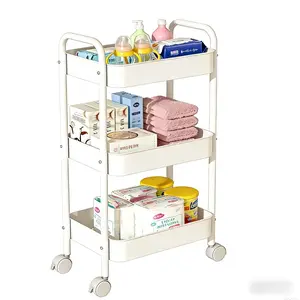 3-Tier Metal Rolling Storage Cart with Table Top & Wooden Tray, Lockable Wheels, Easy Assembly for Bathroom, Living Room, Office & Bedside