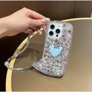 For iphone 17Promax Bling Rhinestone Heart Design Smartphone Case with Beaded Chain Strap, Protective Cover for iPhone 16/15/14/13 Protector