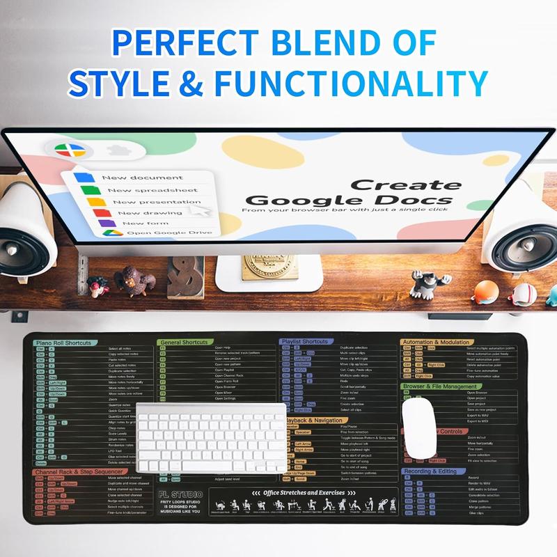 Extra Large 31.5×11.8×0.12 Inch Shortcut Key Mouse Pad | Non-Slip Rubber Base Stitched Edges Gaming Desk Mat | Office Study Essential Ideal Employee Gift