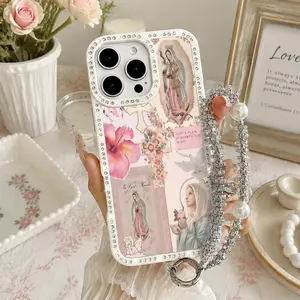 Virgin Mary Pattern Bling Glitter Phone Case with Sparkle Rhinestone Diamond , Airbag Anti-Fall Crystal Cover for iPhone 17 16 15 14 13 12 11 Pro Max Plus Air