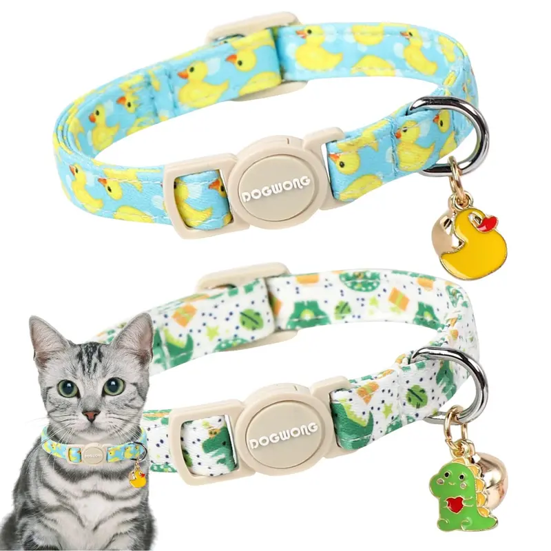 Cat Collars for Kittens (2-Pack) - Summer Polka Dot & Animal Print, 7-12in Chew-Resistant Breakaway Comfy Cotton Fabric, Detachable Bell, Safety Buckle, Neck Adjuster, Non-Customized, Hand Wash Only