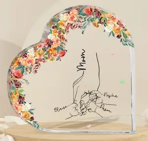Personalized Name Mom And Kid Hands Heart Acrylic Plaque, Custom Mother's Day Gifts From Daughter, Christmas Gift For Mom, Custom Kids Names