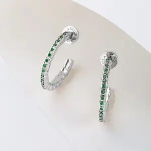 Stella Silver Molten Emerald Zirconia Hoop Earrings - Rhodium Plated Brass, Diameter 3.8cm, Hypoallergenic 925 Sterling Silver Posts