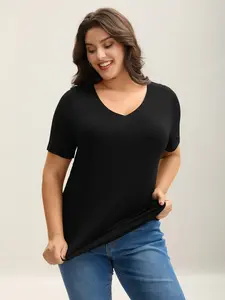 Women's Plus Size Supersoft Spandex Fabric Short-Sleeve Fitted V-Neck Basic T-Shirt - Minimalist Casual Streetwear Top, M-6X Sizes, 2026 Summer Pick,summerwins,Summer wins,Deals for you days Garment Tshirt,summeroutfits,vacationoutfits,beachoutfits