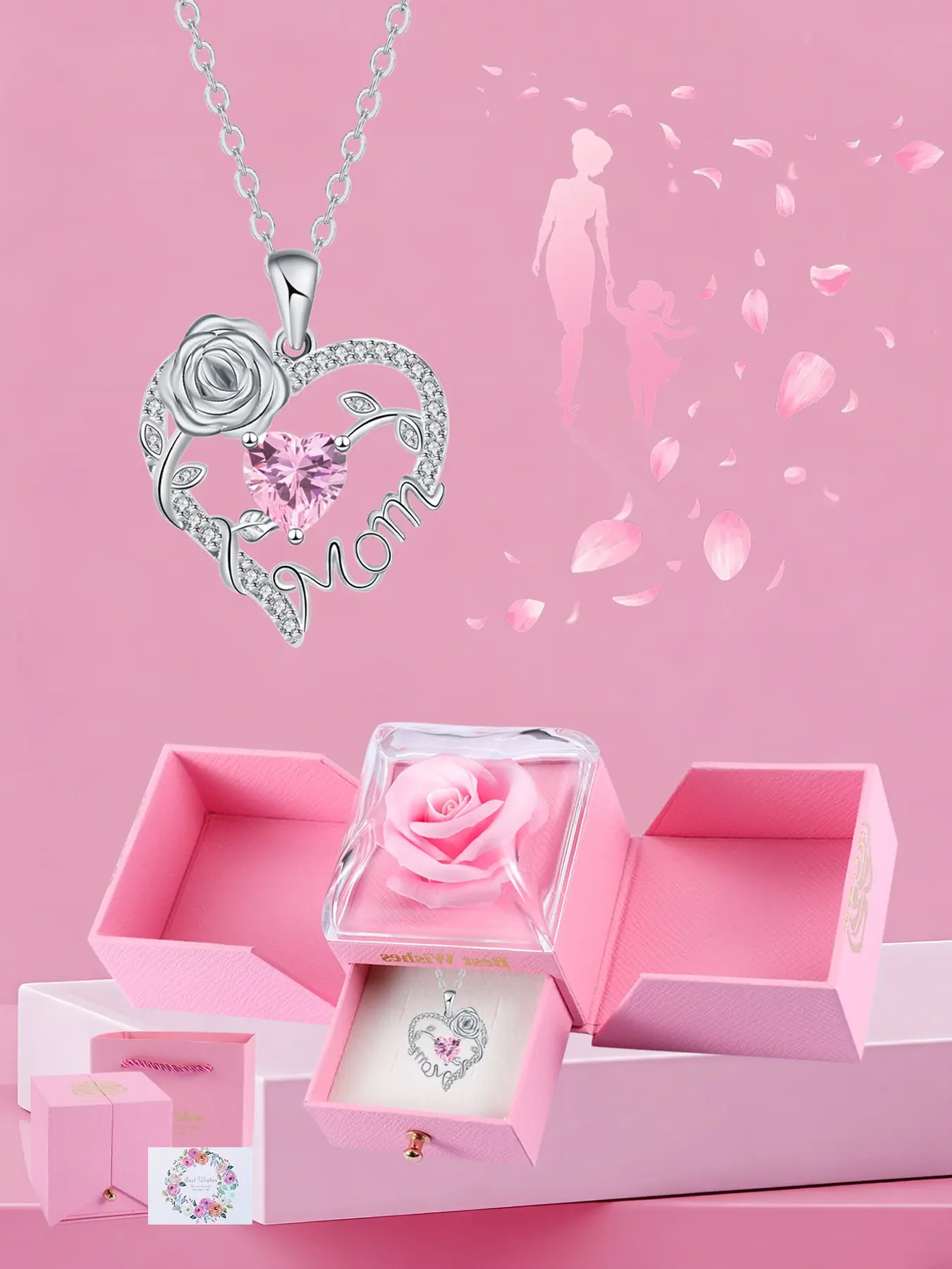 Rose Jewelry Gift Box With Heart Rose Mom Pendant Necklace, High End Necklace for Mama Grandma, Perfect for Mother's Day Gift Christmas Gift, Copper Pendant Necklaces