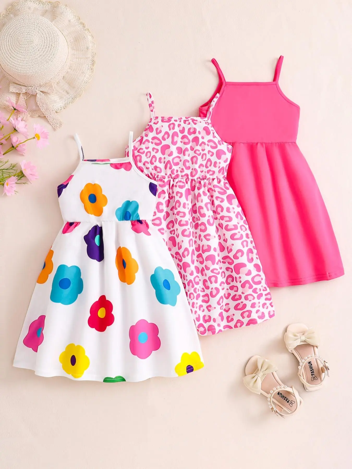 Girl's Plain & Floral & Leopard Print Cami Dress, Sleeveless Tank Dress, Casual Cute Dress for Summer, Kids Clothes for Daily Wear, Flower Print Dress, Floral Printed Dress