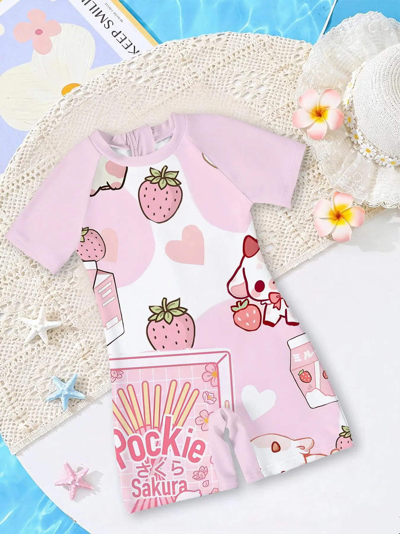 Girls' one-piece swimsuit "Strawberry Cow Sweetheart Style", short-sleeved raglan one-piece swimwear, highly elastic, quick-drying, and sweat-free, suitable for seaside water play, pool fun, and summer outings with different looks Toddler Girls Swimsuit