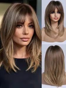 Women's Elegant Straight Hair Wig, Gradual Bangs, 100% Tanglong Synthetic Wig, Straight Wigs, Rose Net Cover, Realistic Layered Effect, Premium Synthetic Wigs, Holiday Gift