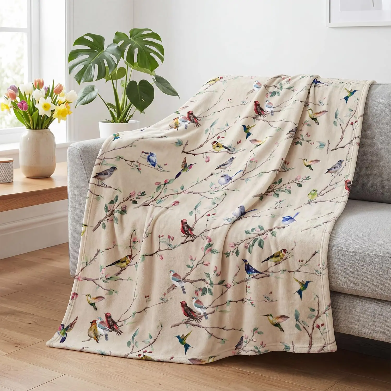 Spring Summer Flannel Blanket Throw, Birds Branch Biege Floral Soft Fuzzy Plush Cozy Flannel Blankets for Couch Sofa Bed Lounging, Ideal Gifts for Kids Adults Self