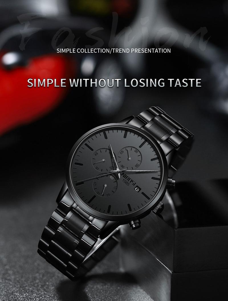 【Clearance sale】NIBOSI Men's Watches Analog Minimalist Black Dial Watches for Men Business Chronograph Military Casual Wrist Watches Stainless Steel Strap Date