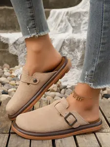 Women's Multi-Color Velvet Slip-On Shoes, Flat Buckle Clogs, Spring & Fall New Elegant Comfortable Large Size Single Buckle Anti-Slip Soft Sole