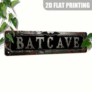 Vintage Bat Cave Logo Metal Sign -Halloween Wall Decor | Multi-Purpose Art for Room Bar Cafe Garage Farmhouse | Random Hole Style 16x4 Inch