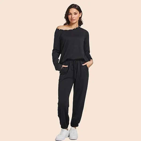 Women's 2-Piece Minimalist Korean Style Basics Tracksuit - Polyester Lounge Set with Long Sleeve Crewneck Hoodie/Jumper, Loose-Fitting Full-Length Slim Pants, Pearl & Beading Accents, All-Season Casual Wear, Sizes S–XXL, Pearls, Full-Length Pants, Pants S