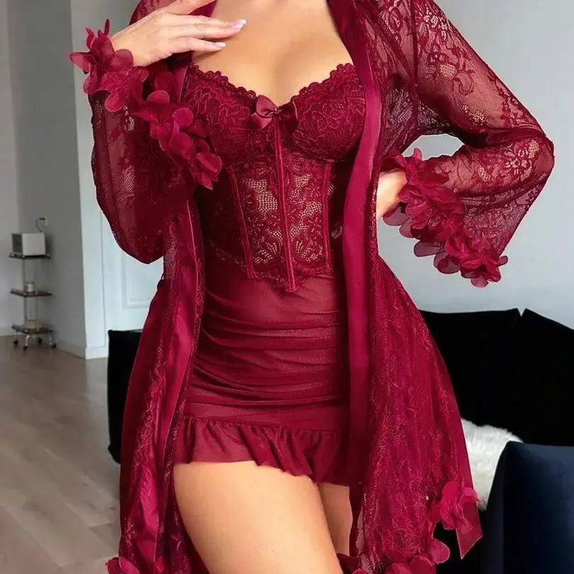 Women's 2 pcs Lingerie Lace Bodysuit Sexy Nighty Mesh Sleepwear V Neck  Chemise Nightgowns - TikTok Shop