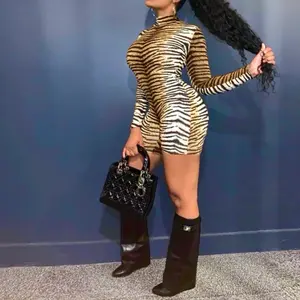 Long Sleeve  ( black zipper ) Bodycon Tiger Jumpsuit