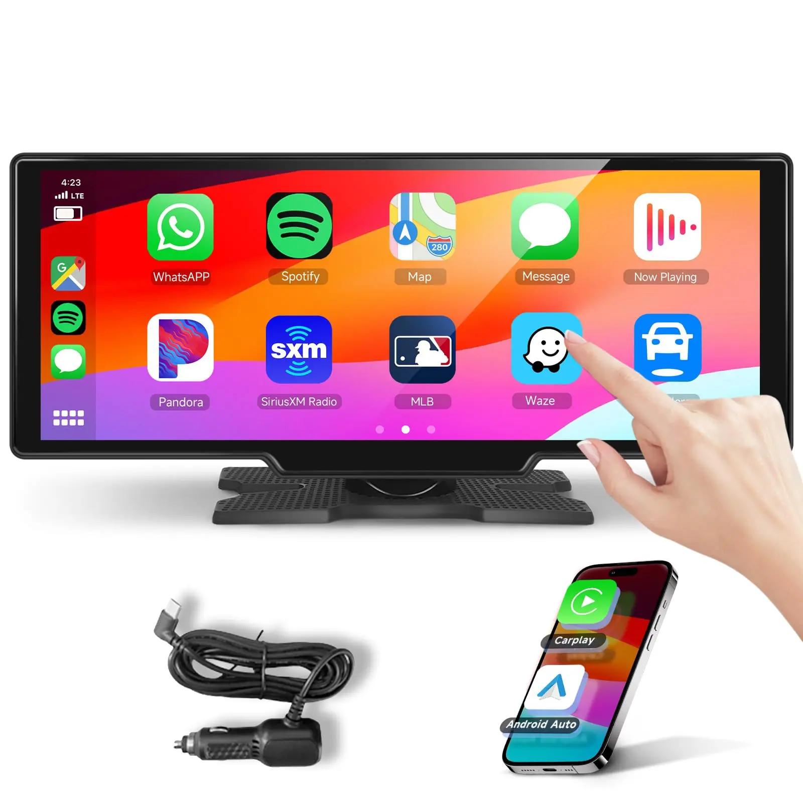PODOFO 10.26" Large Screen Car Video Player, Plug-N-Play Portable Car Stereo with Wireless CarPlay Touchscreen, Android Auto, Super Link, 1080P HD Display, Bluetooth Connectivity, Voice Control, OTA Upgrade, FM Radio, TF Card & AUX Support fathersdaygift,