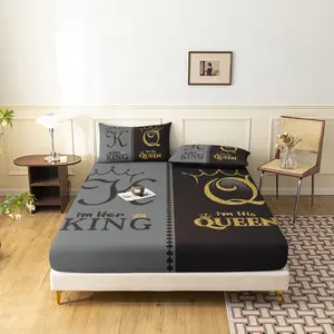 3pcs King Queen Couple Fitted Sheet Set, "King & Queen" Bedding, For Family Bedrooms Dormitories Hotels (1 Fitted Sheet + 2 Pillowcases, No Pillow)