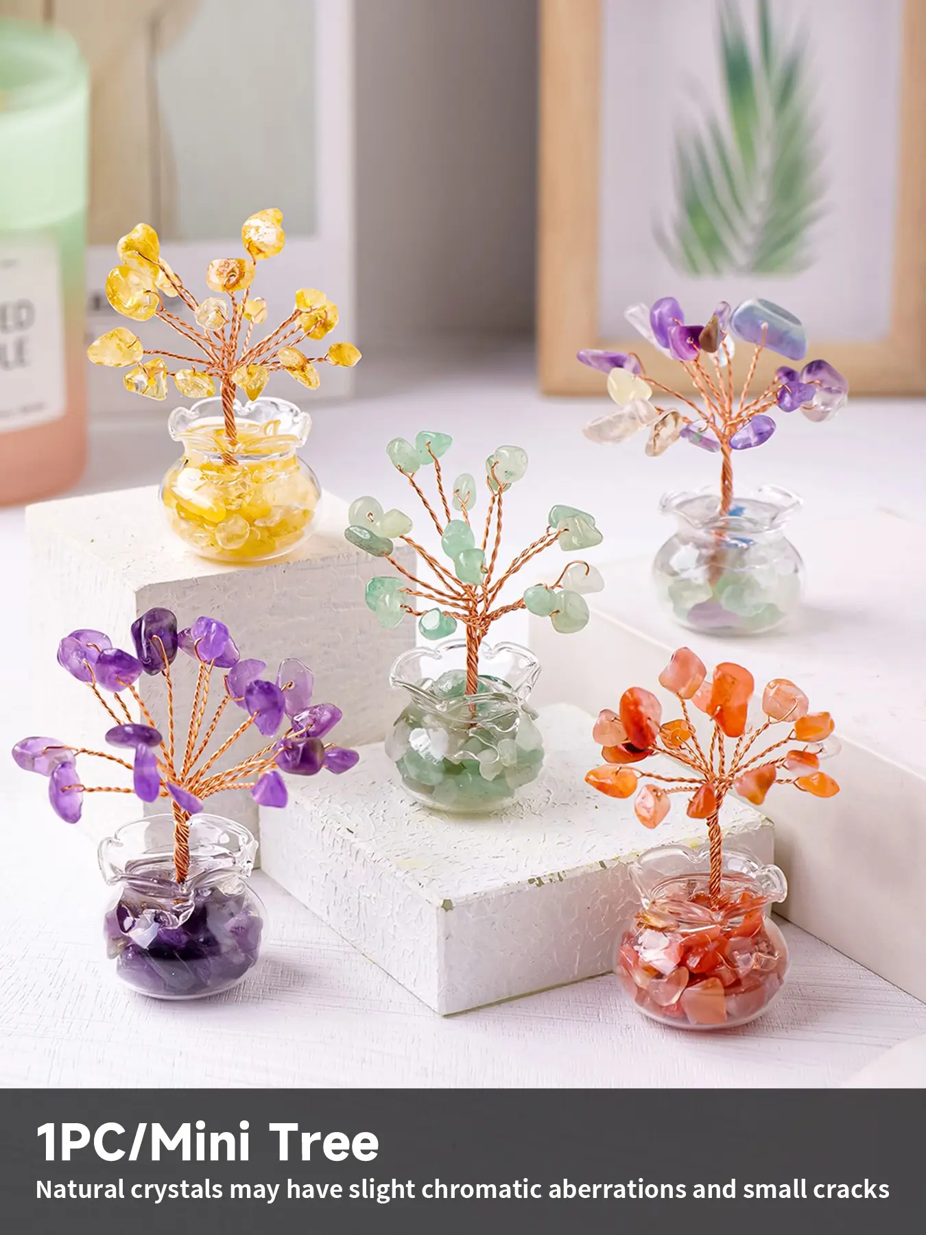 1PC Natural Crystal Tree, Handmade Gemstone Planter with Glass Base, Mini Copper Wire Tree, Home and Office Decor, Unique Gift Idea, Unique Crystal Design, Crystal Decorative Ornaments