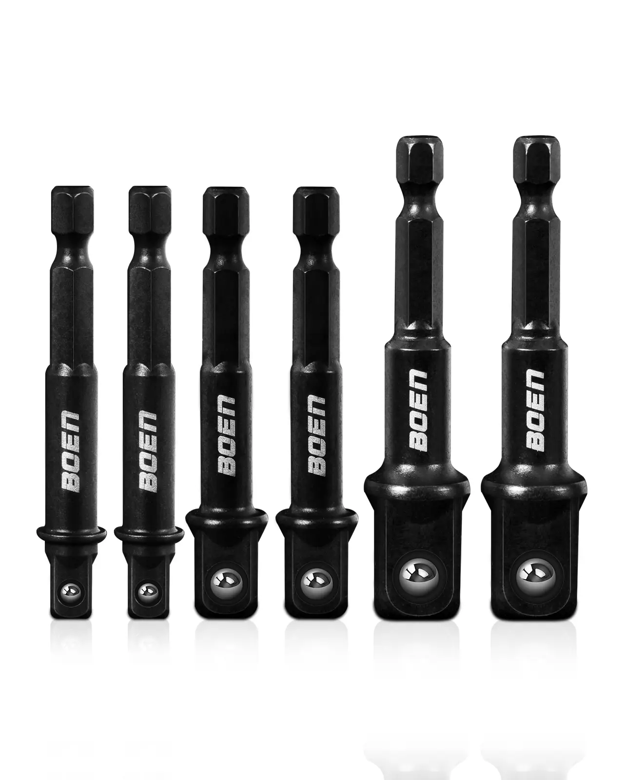 BOEN Impact Socket Adapter Set, 6-PCS Drill Bit Adapter with Bit Holder, Sizes 1/4",3/8",1/2", 1/4-Inch SAE Hex Shank,Cr-V with Black Phosphate Finish