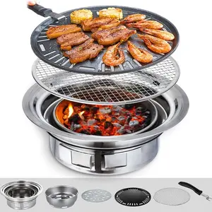 Multifunctional Charcoal BBQ Grill, Home Korean Barbecue Oven, Portable Camping Grill, Desktop Smoker Grill, Outdoor Cooking Tool, Stainless Steel