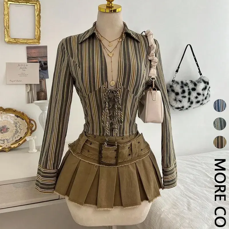 1 Piece Retro Vintage Striped Waist-Cinched Long Sleeve | Euro-Hong Kong Style | Casual Classy Elegant | Deep V Adjustable Drawstring + Slim-Fit Silhouette | Elegant Casual Pick for Daily Commute / Coffee Dates (only All Seasons Blouse top) Shirts
