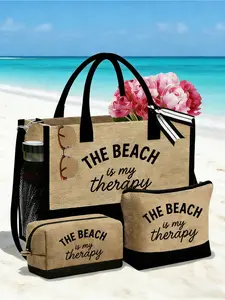 Beach-themed tote bag set printed with "Beach is my therapy". Large tote comes with two makeup pouches and a silk scarf. Reusable and practical for travel and daily use. A nice gift for various occasions.