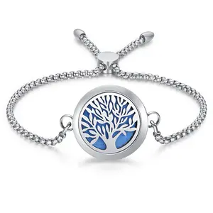 OIDEA Tree of Life Aromatherapy Bracelet for Women, Stainless Steel Slide Locket Cuff with 10 Refill Pads, Engravable