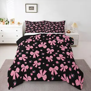 Black Pink Bow Bedding Set Soft for Boys Girls,Cute Floral Comforter Set Cute Bowknot Duvet Quilt Microfiber Kawaii Bedroom Decor