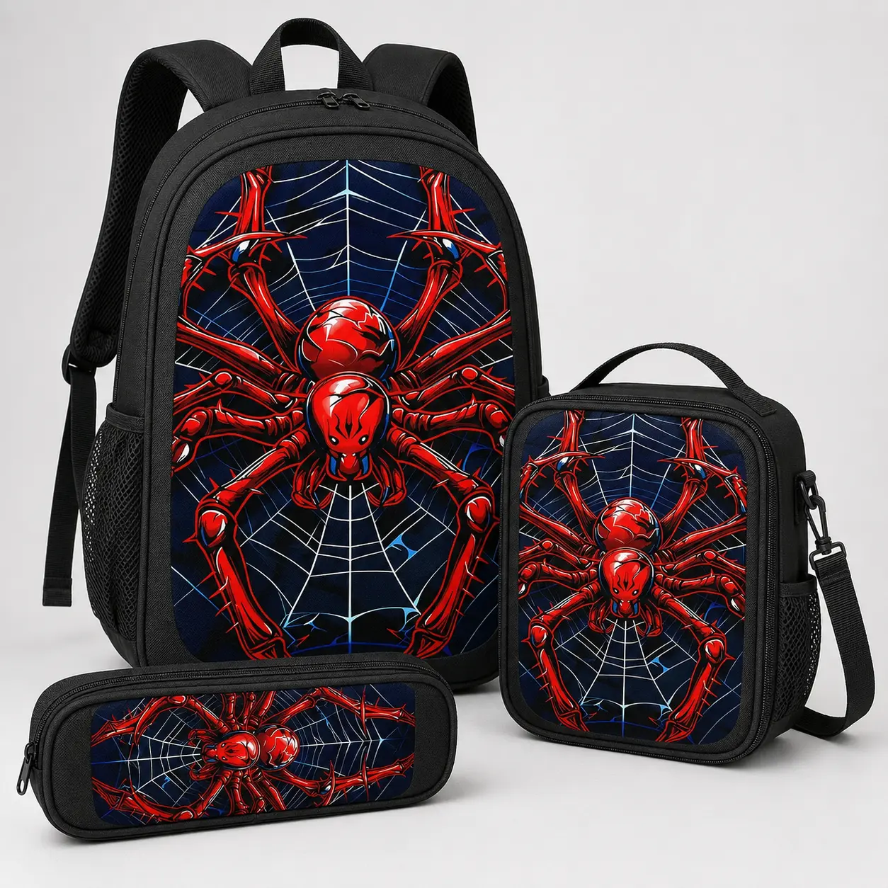 Modern 3-Piece Oxford Cloth Zippered Multi-Use Storage Bag Set - Large Wearable Organizer Backpack, Matching Shoulder Bag, Pencil Pouch, Red Spider Web Print for Books, Travel Essentials, Three Pieces