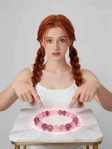 8mm Strawberry Quartz Rose Quartz Crystal Bracelet, Adjustable Elastic Bangle Bracelet for Women, Dainty Love Luck Healing Beaded Jewelry Gift