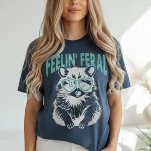 Women's Casual Short-Sleeve T-Shirt with Playful Raccoon & Heart Glasses  Light Beige Breathable Fabric, Relaxed Fit, Machine Washable, Cute T Shirts, Trendy Top, Comfortable Fit, Printed Shirt, Fashion Lovers, Spring Outfit,Streetwear Fans