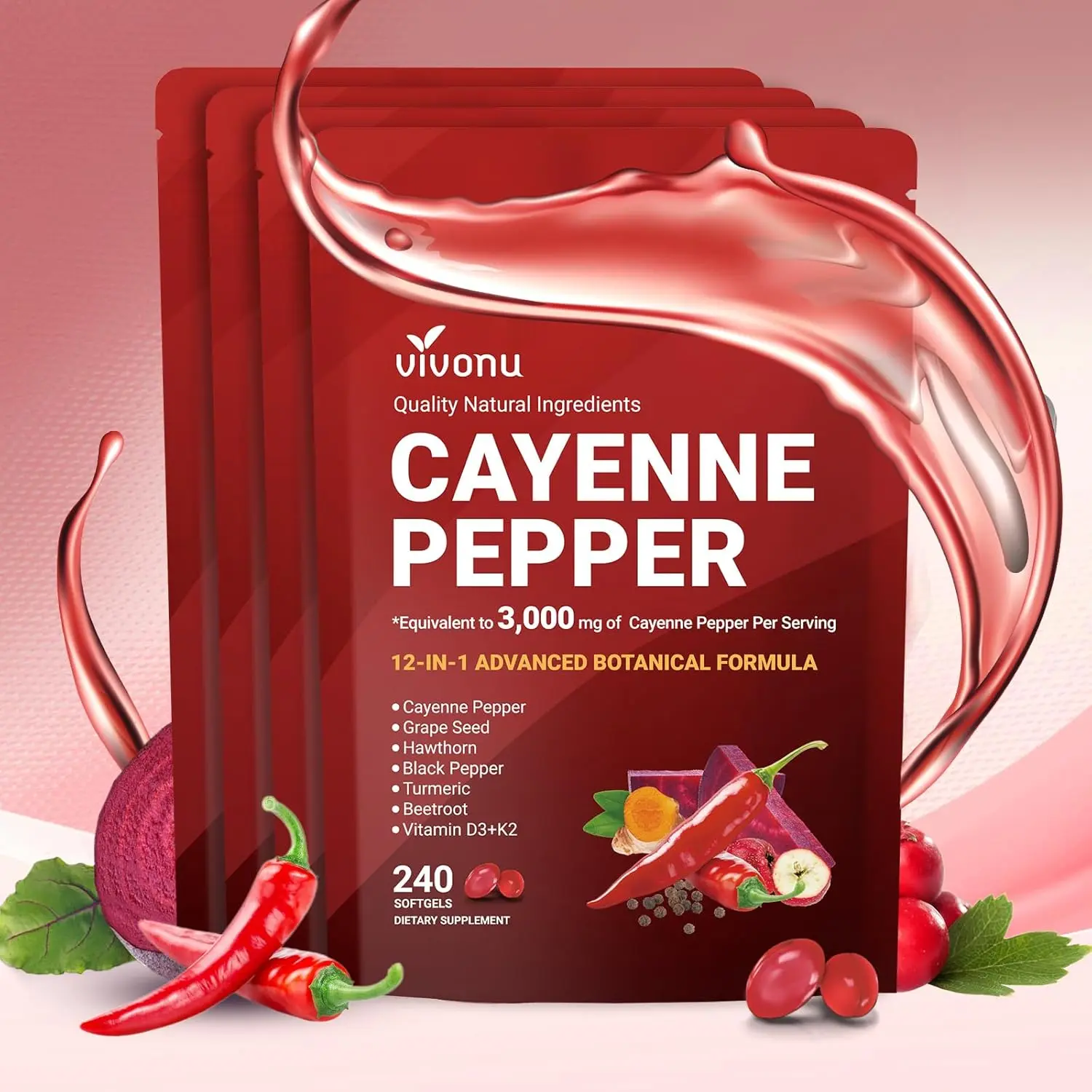 VivoNu Cayenne Pepper Softgels Supplement, Supports Leg Vein, Heart and Blood Vessel Health, with Vitamin E D3+K2 and Extracts of Grape Seed, Hawthorn, Beetroot and Others (240 Softge /1 Bag) SummerVibes