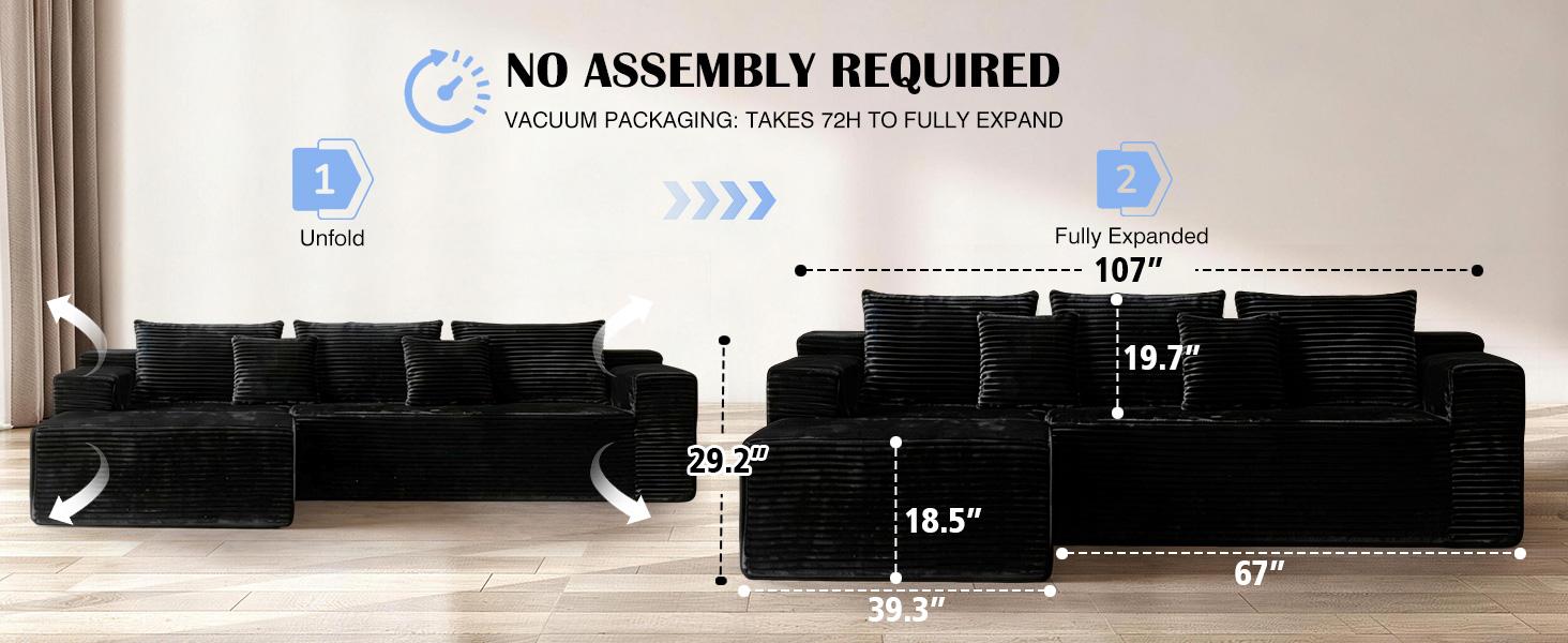 107" Boneless Modular Sectional Sofa, L-Shaped Cloud Couch with Deep Seat & High Backrest, Corduroy Couch Memory Foam Sectional Couch, No Assembly Required for Living Room Apartment  L-Shaped Modern Chenille Sofa Set