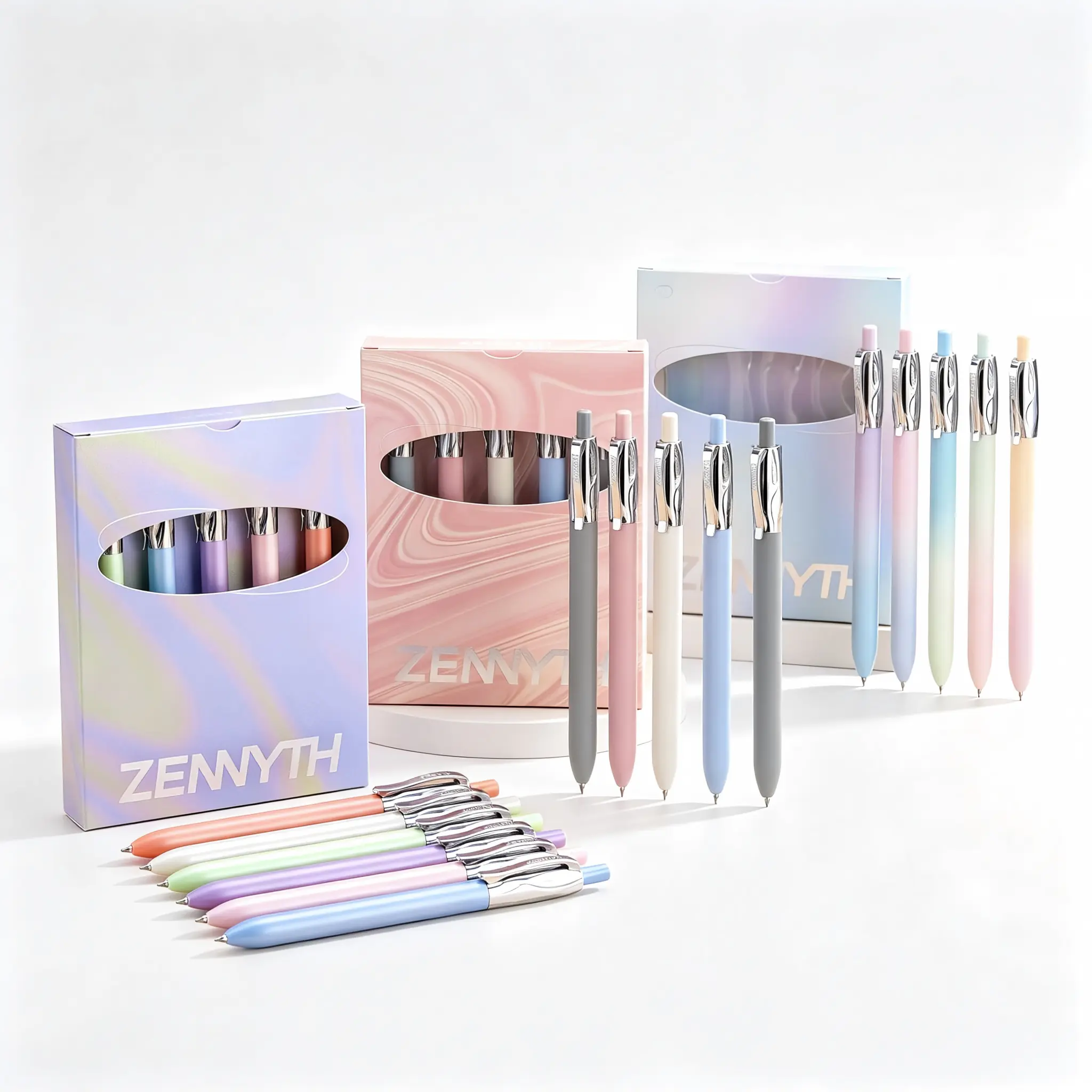 5-Pack Cute Retractable Gel Pens, Smooth Quick-Dry Black Ink Pens with Morandi, Pearlescent, Aurora Gradient & Macaron Pastel Designs, Aesthetic High-End Stationery for Journaling, School, College, Exam Practice & Gifts office writing supply box